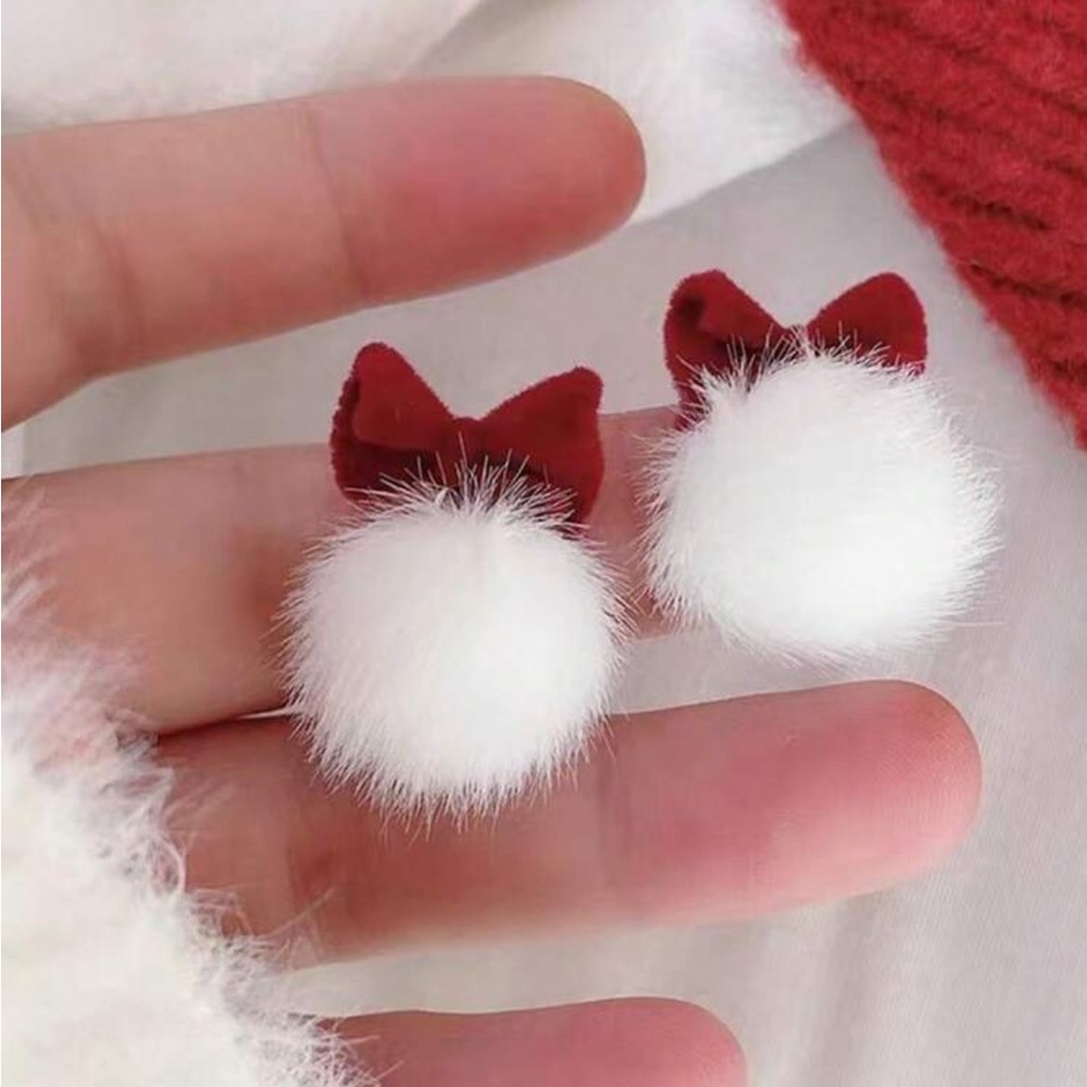 Cute Christmas Red Bow with White Pom Pom Earrings